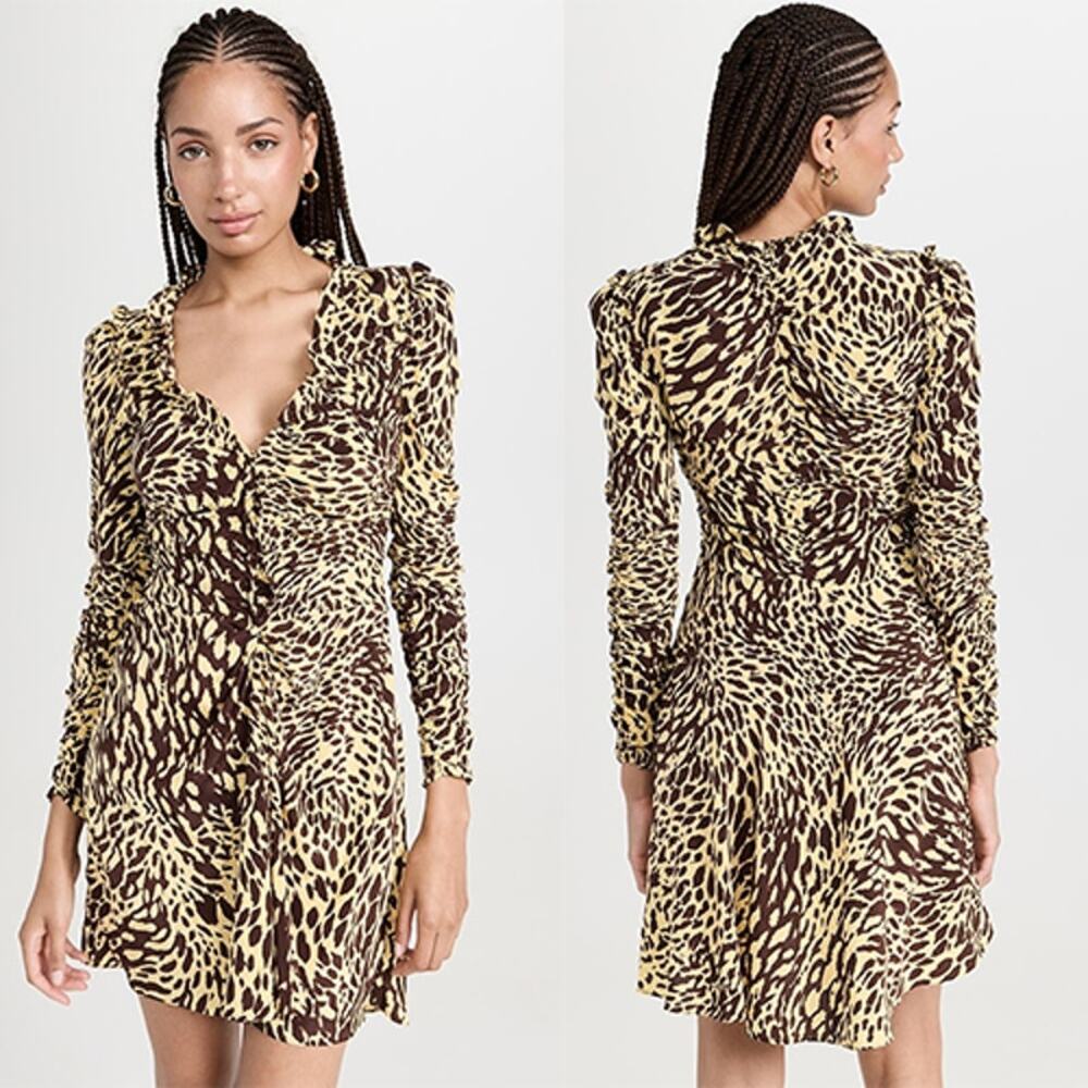 NWT A.L.C. Marcie Silk Long-Sleeve Ruched Fit and Flare Golden Haz Mini Dress